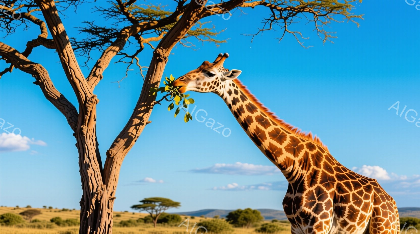 広大なサバンナの中に、キリンが一本の木に首を伸ばして葉を食べている様子が捉えられています。空は澄み切った青色で、白い雲が点在し、背景にはなだらかな丘陵とまばらな木々が広がっています。暖かい日差しと静寂が感じられる、平和で自然豊かな雰囲気です。