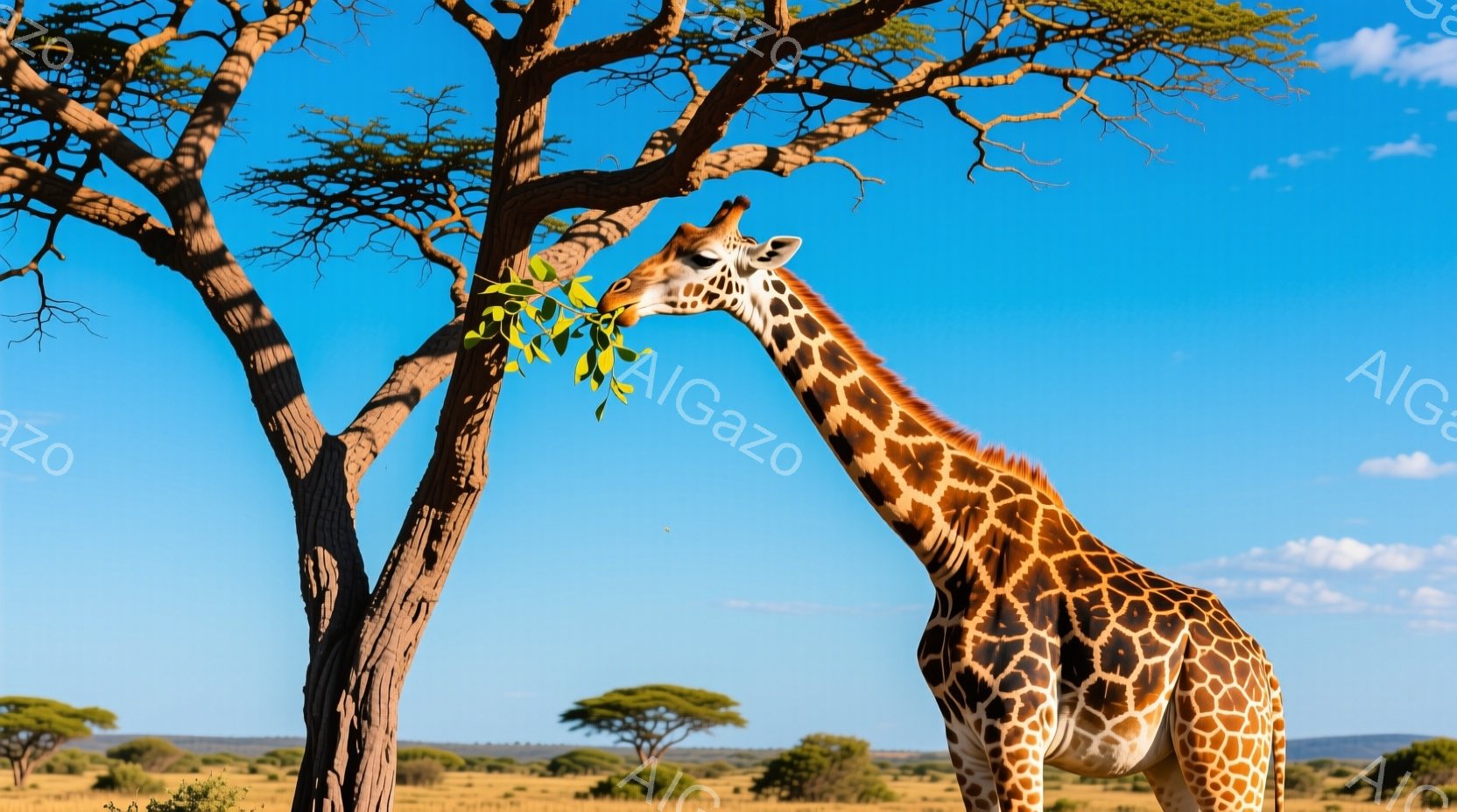 キリンが背の高い木の枝から葉を食べている様子が写っています。背景には、乾燥したサバンナの風景が広がり、遠くにはまばらに木々が見えます。青空の下、明るく暖かい雰囲気で、キリンの茶色と黒の模様が鮮やかに映えています。