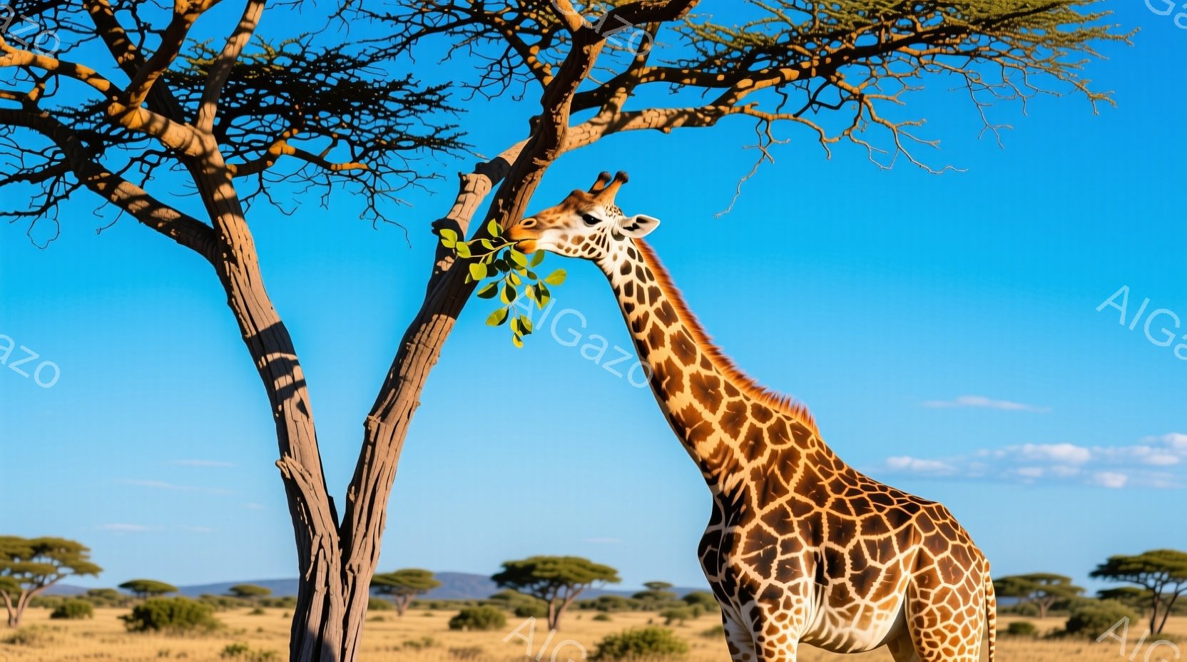 広大なサバンナで、キリンが背を伸ばして木の実を食べている様子が捉えられています。空は鮮やかな青色で、背景には点在する低木や遠くの丘が見え、乾燥した草原の風景が広がっています。キリンの模様が鮮明で、太陽の光を浴びて生き生きとした雰囲気を醸し出しています。