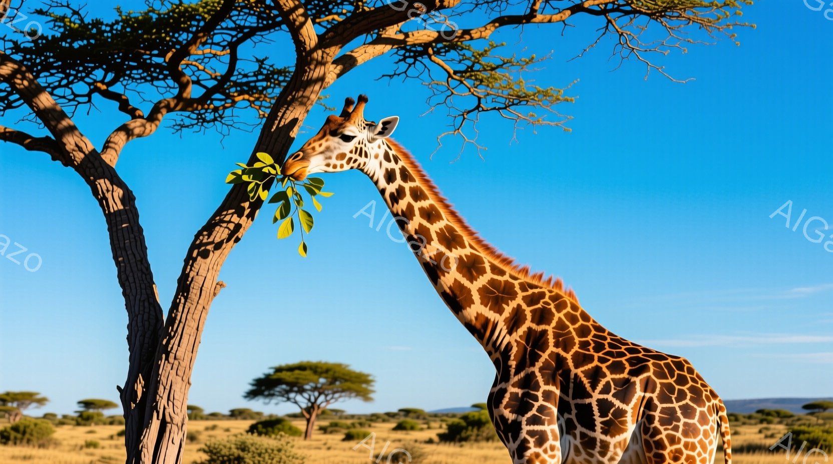 サバンナの風景の中に立つキリンが描かれています。キリンは首を高く伸ばし、木の葉を食べており、その姿勢は優雅で、自然の中で穏やかに過ごしている様子が伺えます。背景には、他の木々や広大な平原が広がり、晴れ - AI生成フリー素材