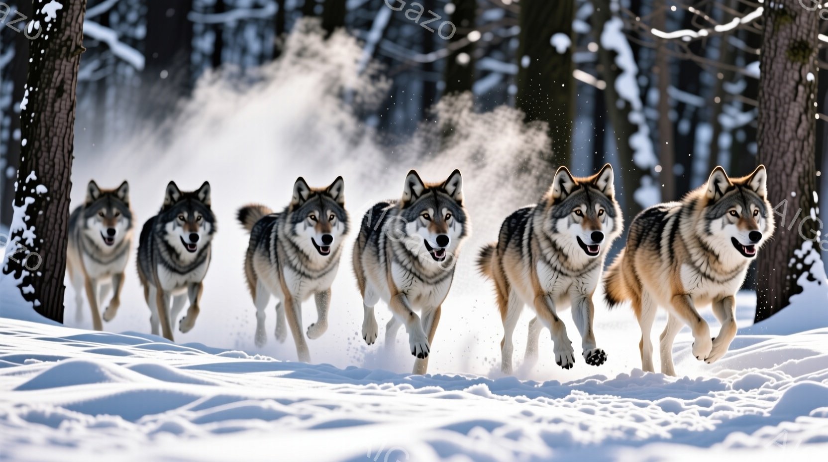 雪深い森の中を、５匹のオオカミが勢いよく駆け抜けている。彼らは皆、同じような灰色の毛並みと、力強い表情で、冬の厳しい自然の中で生き抜く姿を表現している。背景には雪に覆われた木々が立ち並び、雪が舞い散る - AI生成フリー素材