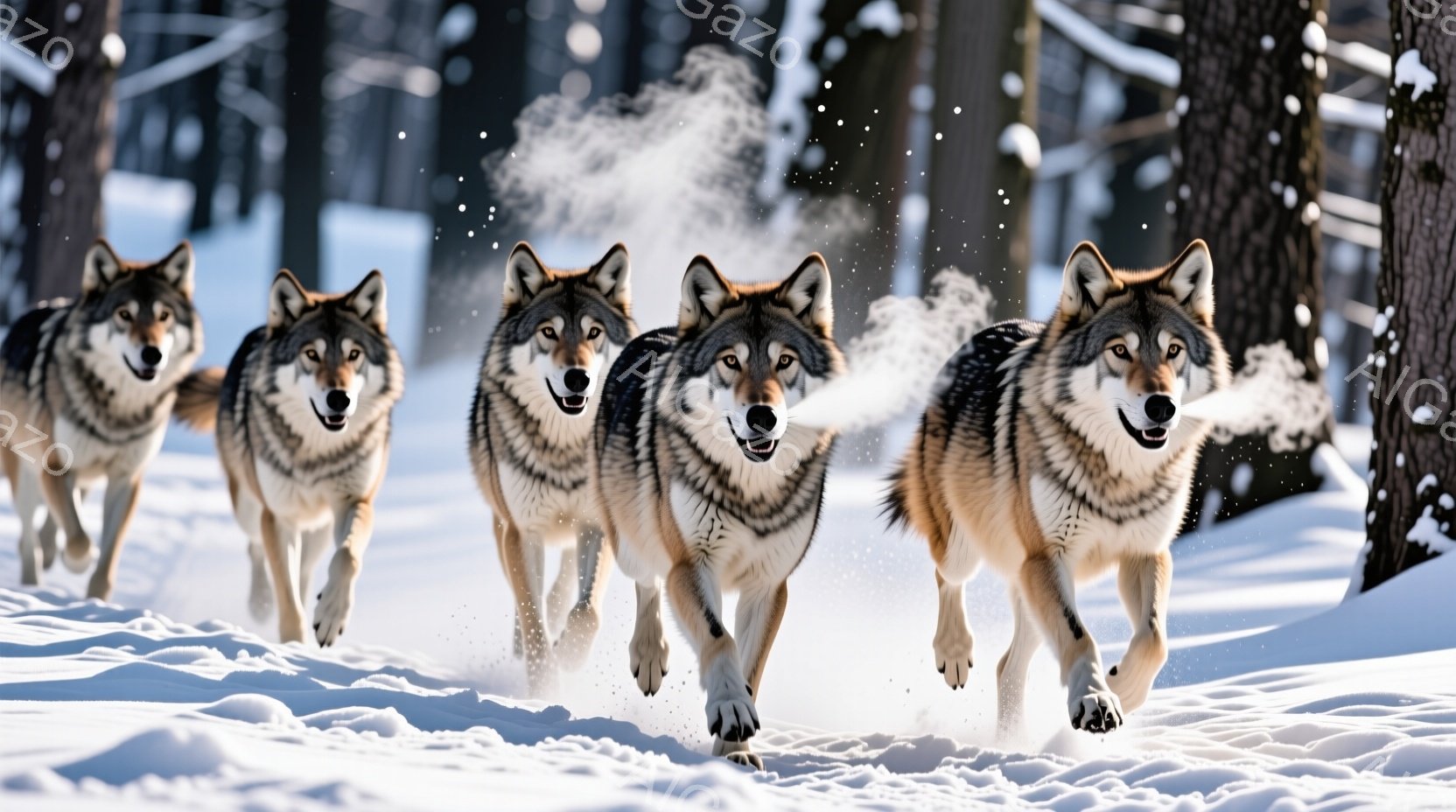 雪に覆われた森林の中を、5匹のオオカミが隊列をなして疾走している。オオカミたちは毛並みが美しく、口を開けて興奮した表情を浮かべ、勢いよく雪原を駆け抜けている。背景には雪に覆われた木々が立ち並び、オオカ - AI生成フリー素材