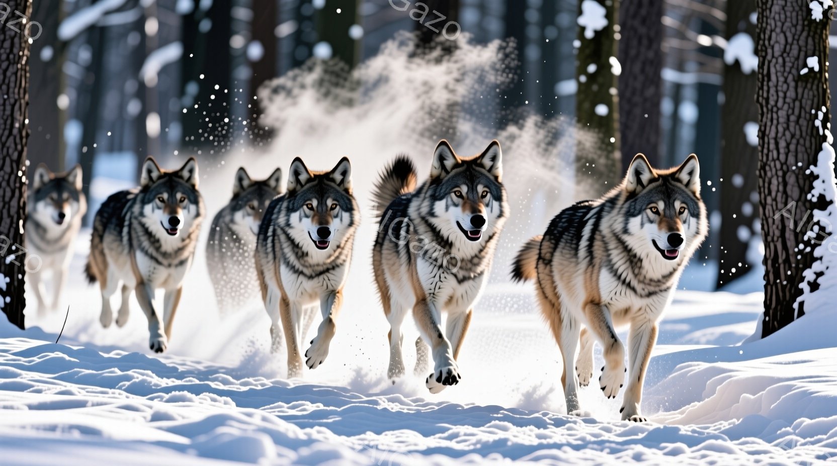 白い雪景色の中、５匹のオオカミが勢いよく駆け抜けている。彼らは灰色の毛並みで、雪煙を巻き上げながら前方を真っ直ぐ見つめている。背景には暗い色の木々が立ち並び、冬の凛とした寒さと野生の雰囲気が漂う。