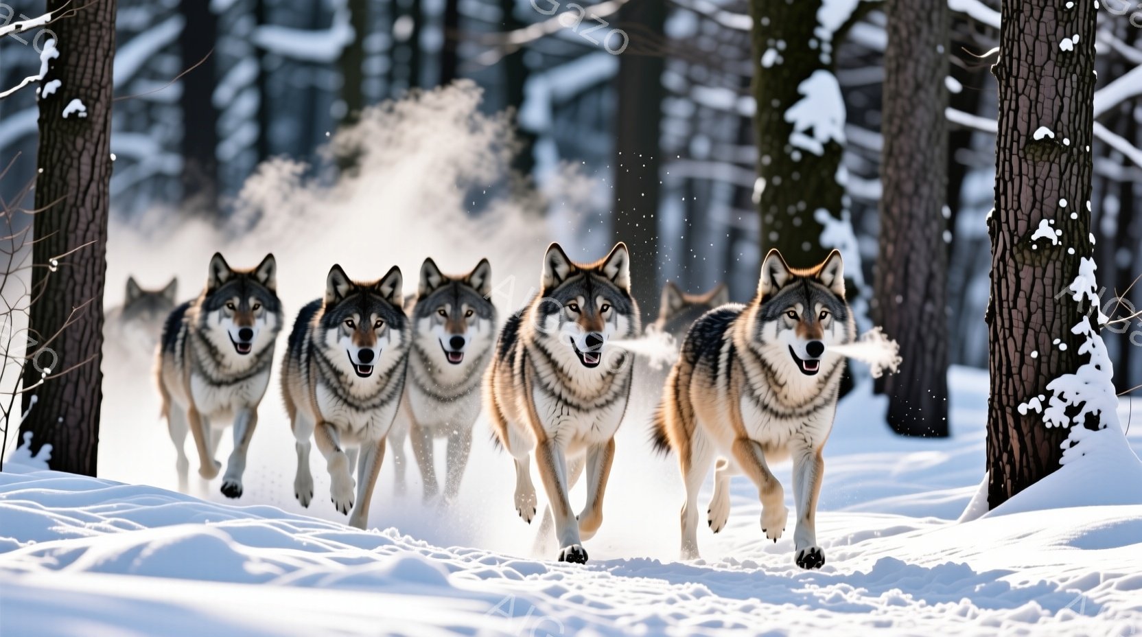 雪景色の中を、５匹のオオカミが隊列を組んで疾走している。息を吐き出す様子が湯気となって表現され、寒々しい冬の森の雰囲気を強調している。背景には雪をまとった木々が立ち並び、オオカミたちの力強い姿と静寂な - AI生成フリー素材
