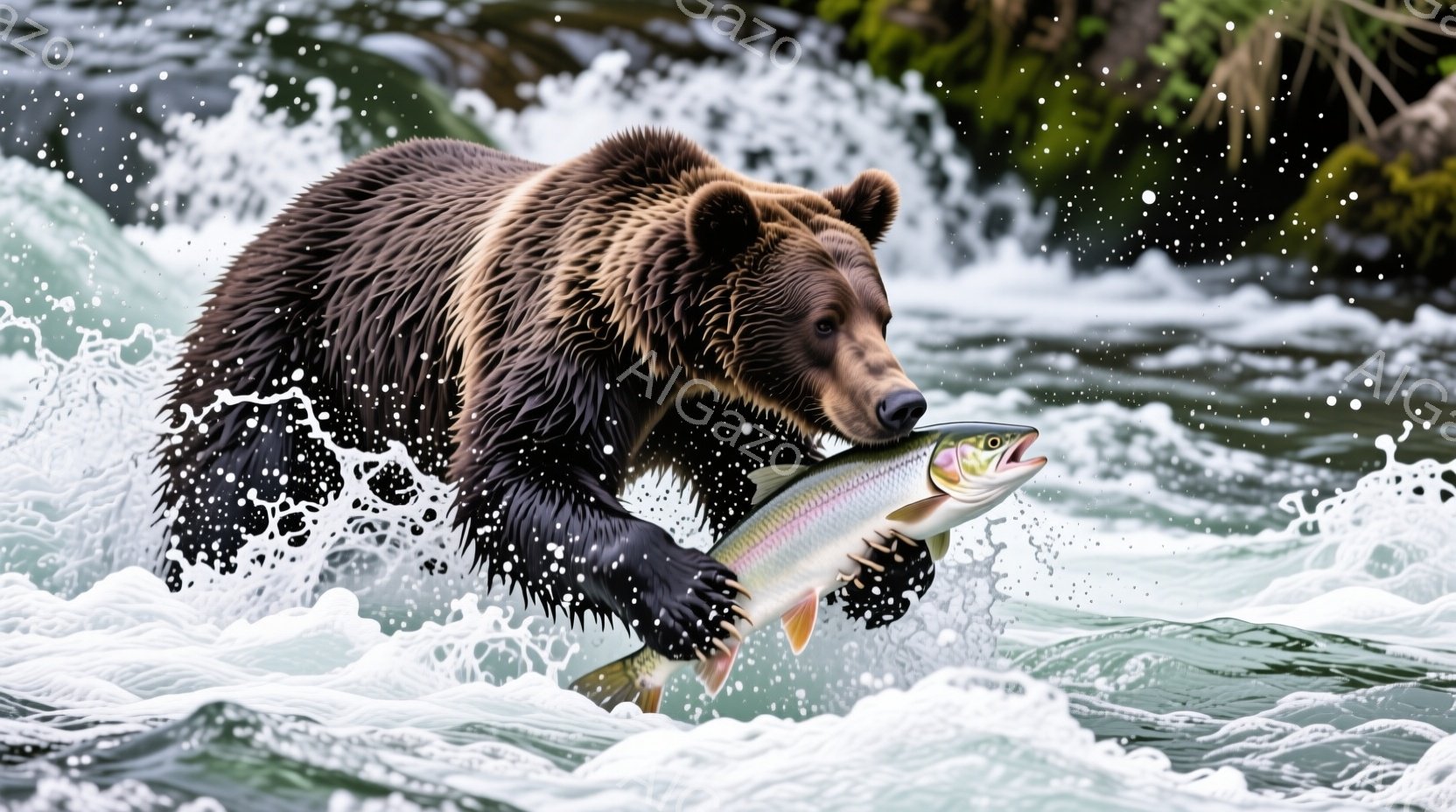 熊が激しい流れの川の中で、銀色の鮭を口にくわえて飛び跳ねています。水しぶきが飛び散り、熊の毛並みは水で濡れて黒く光っています。背景には緑豊かな自然が広がり、躍動感あふれる野生の瞬間を捉えた写真です。 - AI生成フリー素材
