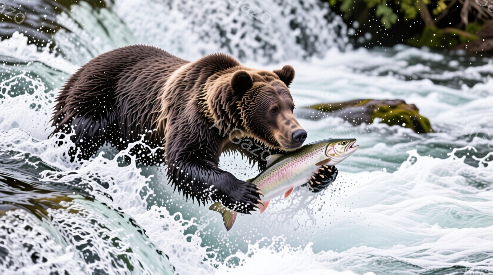 巨大なグリズリーベアが水しぶきを上げながら、捕えた鮭を口に咥えずに前足でしっかりと抱え、まるで勝利を誇示するかのように躍動している。背景には激しい水の流れと苔むした岩場が広がり、自然の力強さと野生の息吹を感じさせる。全体的にダイナミックで迫力満点の光景であり、野生動物の生き生きとした姿を捉えた一枚である。