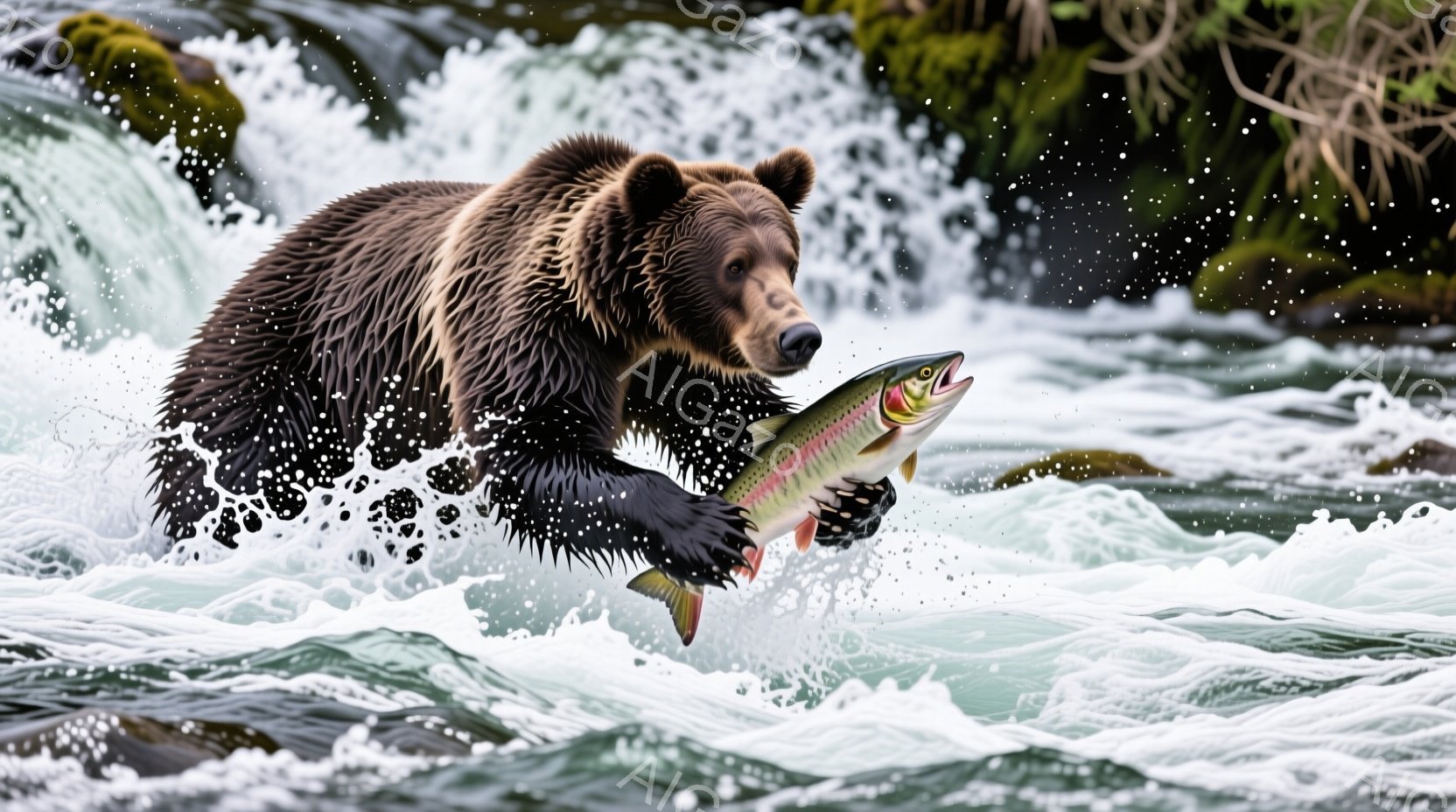 茶色のクマが、水しぶきが飛び散る川の中で、大きな虹色のマスを捕まえようとして空中に飛び上がっている。クマは力強く前脚を伸ばし、獲物をしっかりと捉えようとしている表情で、その目は獲物に集中している。背景 - AI生成フリー素材