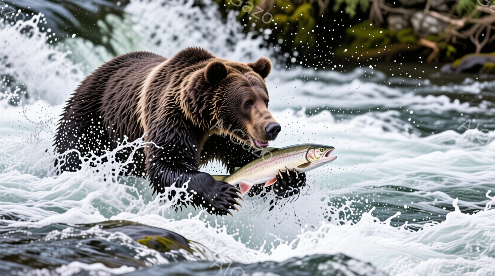 激しい水流の中で、大きなヒグマが口にピンク色の鮭を咥えています。その毛並みは濡れて艶やかで、力強い前足で鮭をしっかりと捕まえています。背景には水しぶきと岩場が見え、野生の自然が生み出す迫力と躍動感溢れる瞬間を捉えた写真です。