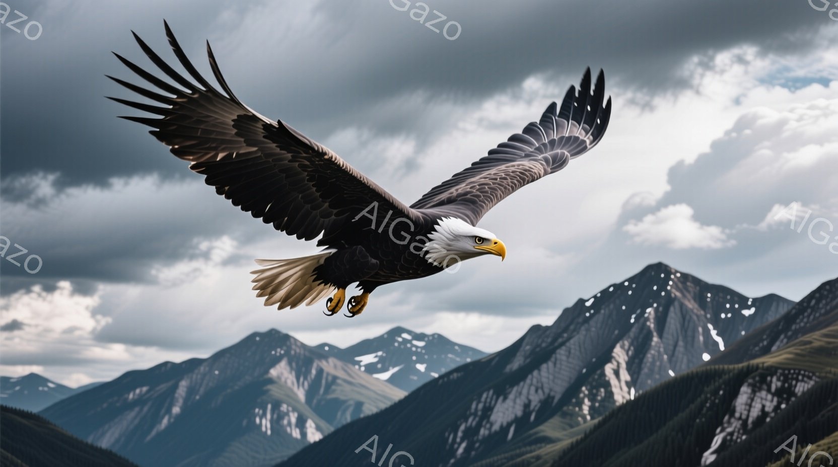 広大な山岳地帯を背景に、翼を大きく広げたアメリカワシが空を飛んでいる。ワシは鋭い眼差しで前方を捉え、力強い爪を伸ばして飛行している。背景には雪を抱いた山々が連なり、重厚な雲が空を覆い、ワシの雄大さを際立たせている。