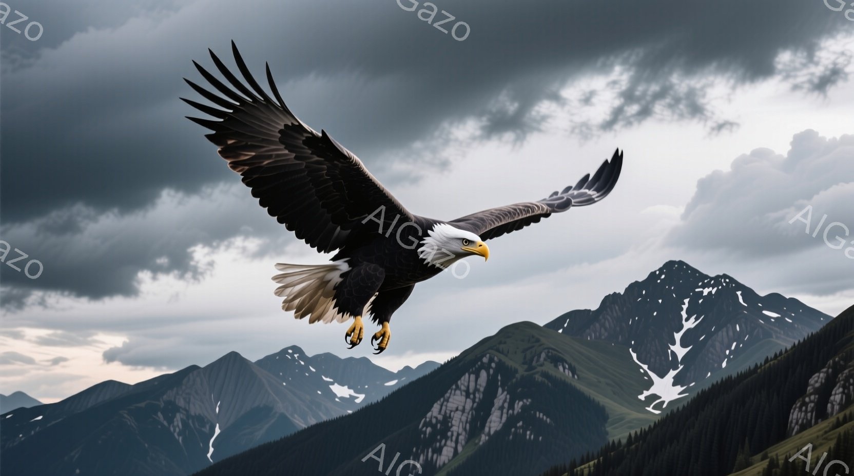 白頭鷲が雄大な山々の空を舞っている。翼を大きく広げ、鋭い爪を伸ばして、力強く飛翔している姿は、野生の力強さと自由を象徴している。背景には緑の山々と雪を抱いた山々が広がり、曇り空がドラマチックな雰囲気を醸し出している。