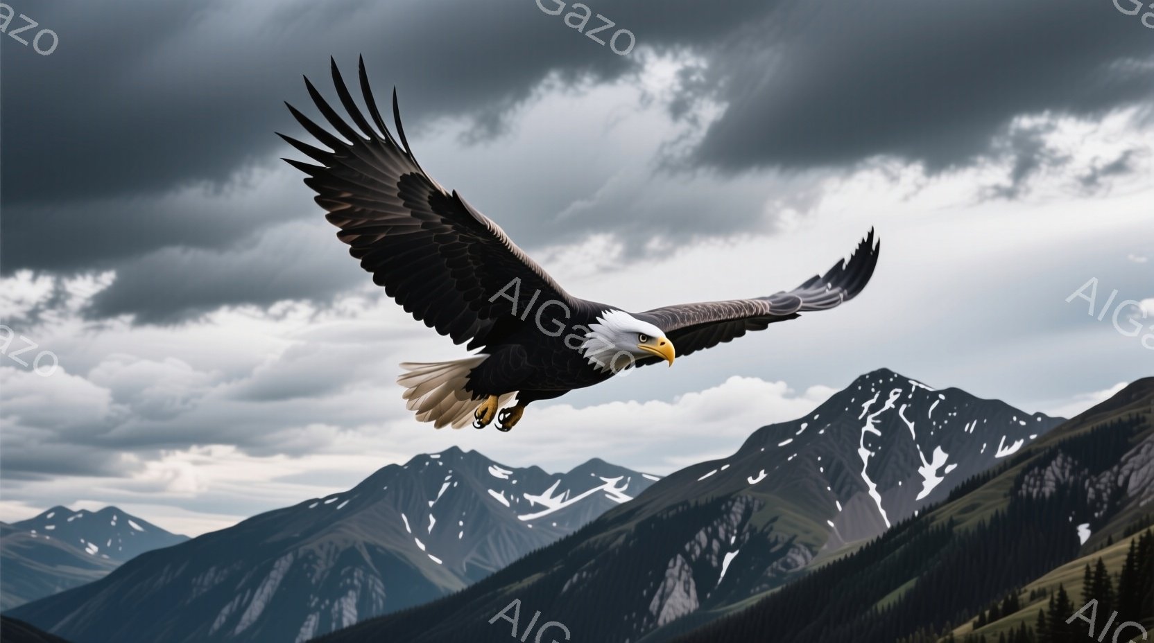 白頭鷲が翼を大きく広げ、雪を抱く山々の間を力強く飛んでいる。背景には深い緑の森林と白い雪山が広がり、重厚な雲が空を覆っている。全体的に厳かで、自然の力強さを感じる雰囲気である。