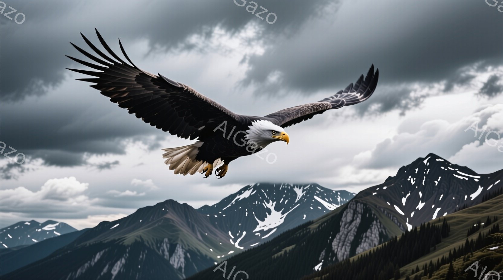 広大な山岳地帯を背景に、翼を大きく広げたハクトウワシが力強く飛んでいる。雪を抱いた山々は険しく、濃い雲が空を覆い、ワシの威厳と自然の壮大さを際立たせている。ワシの鋭い眼差しと力強い翼は、自由と力強さを象徴している。