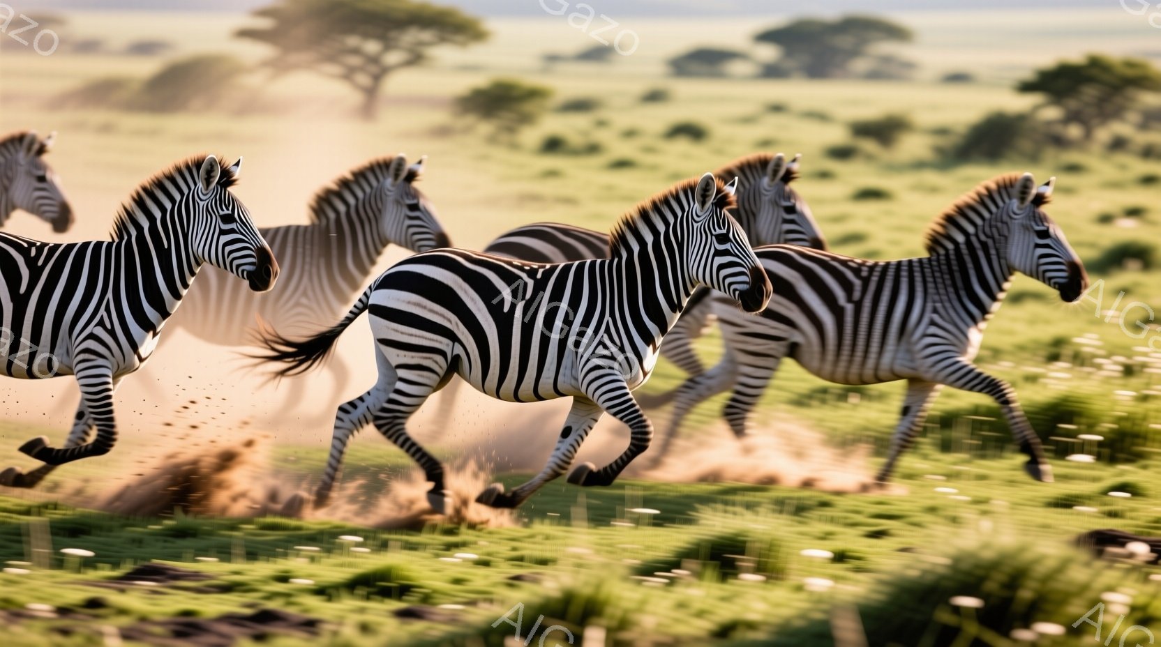広大な緑の草原をシマウマたちが疾走している様子が捉えられています。シマウマたちは力強く蹄を蹴り上げ、埃を巻き上げながら走っており、その姿は躍動感に満ち溢れています。背景にはまばらに木々が見え、朝日の光 - AI生成フリー素材