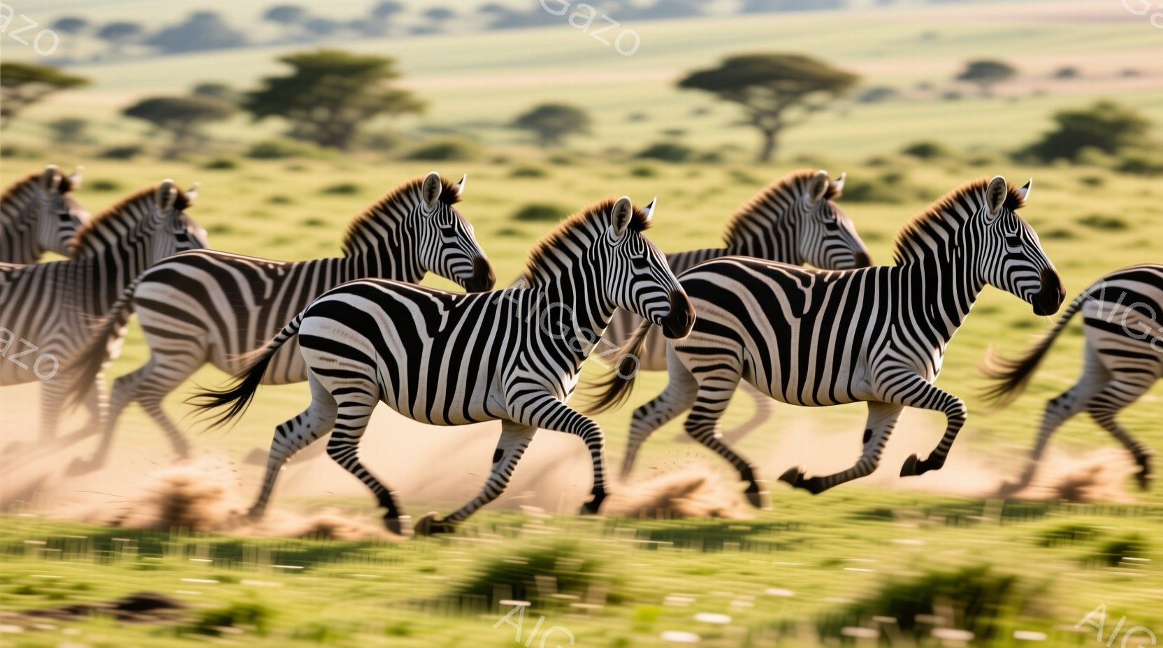 複数のシマウマが緑の草原を猛スピードで駆け抜けている様子が捉えられています。土埃が舞い上がり、シマウマの力強い躍動感と草原の広大さを強調しています。遠景にはまばらに木々が見え、晴天の下、野生の自然を感 - AI生成フリー素材