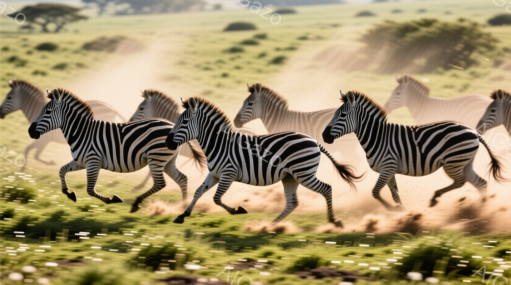 縞模様のシマウマが草原を疾走している様子が捉えられています。埃が舞い上がり、シマウマ達の力強い走りが強調されています。背景には緑豊かな草原が広がり、遠くにはぼんやりと木々が見え、晴れた日の活気ある雰囲気が漂っています。