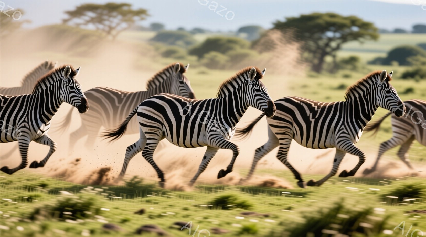 広大な緑の草原を、シマウマの群れが力強く駆けている様子が捉えられています。シマウマたちは、特徴的な白と黒の縞模様を持ち、土埃を巻き上げながら、勢いよく走っています。背景にはまばらに木々が見え、晴れた空の下、野生の活気を感じさせる力強い光景です。