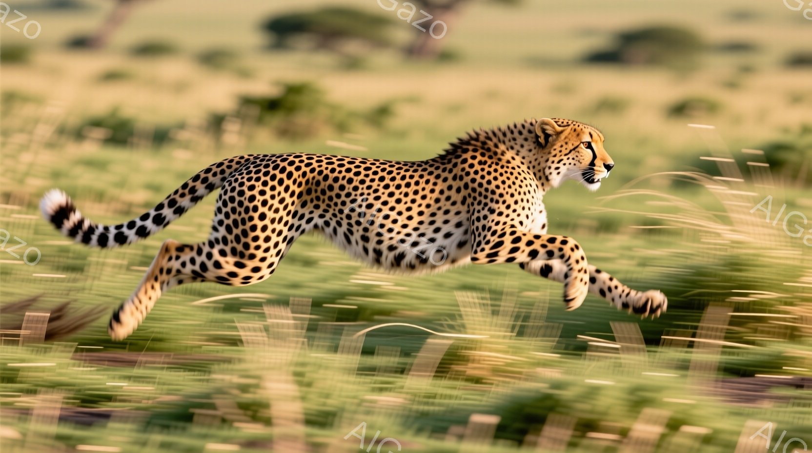 鮮やかな緑色の草原を、ヒョウが驚くべき速度で走り抜けている。その体は美しい斑点模様で覆われ、筋肉質な脚が大きく踏み出している様子から、力強さと俊敏さが伝わってくる。背景にはぼんやりと木々が見え、動きの速さを示すように草原の草がブレていることから、太陽が照りつける開けた平原の様子がうかがえる。