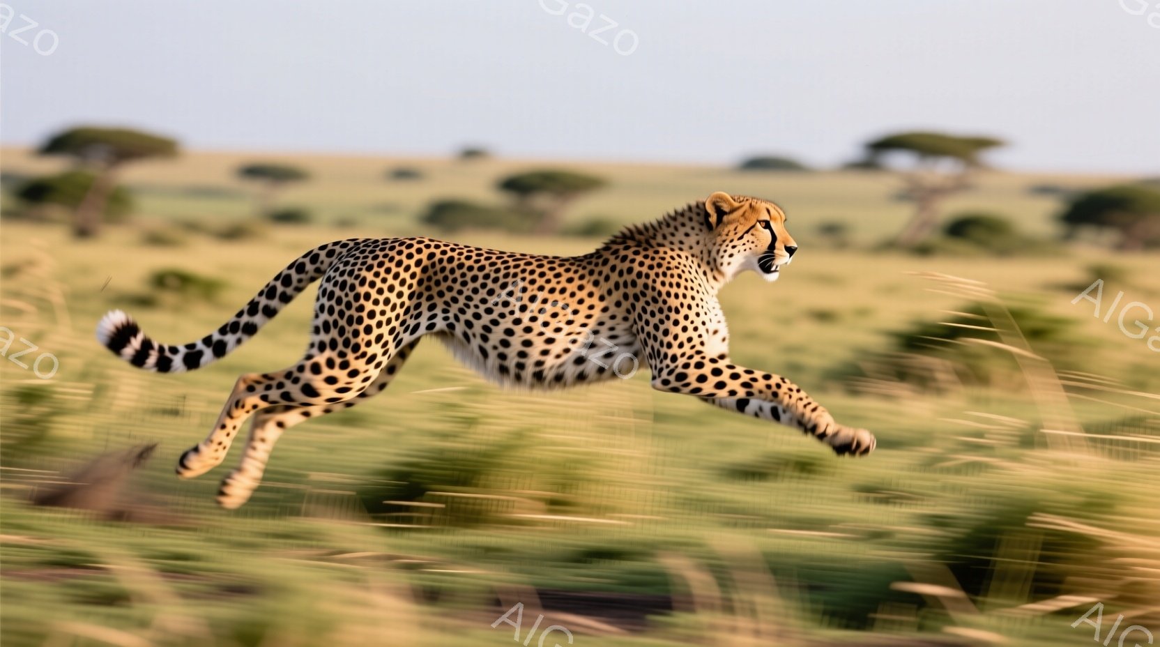 広大な草原をチーターが全速力で駆ける姿が捉えられています。その体には特徴的な黒い斑点がびっしりとあり、躍動感あふれる姿勢と、遠くを見据える鋭い眼差しが印象的です。背景には黄金色の草が生い茂り、遠くには木々が見える、アフリカのサバンナらしい風景が広がっています。