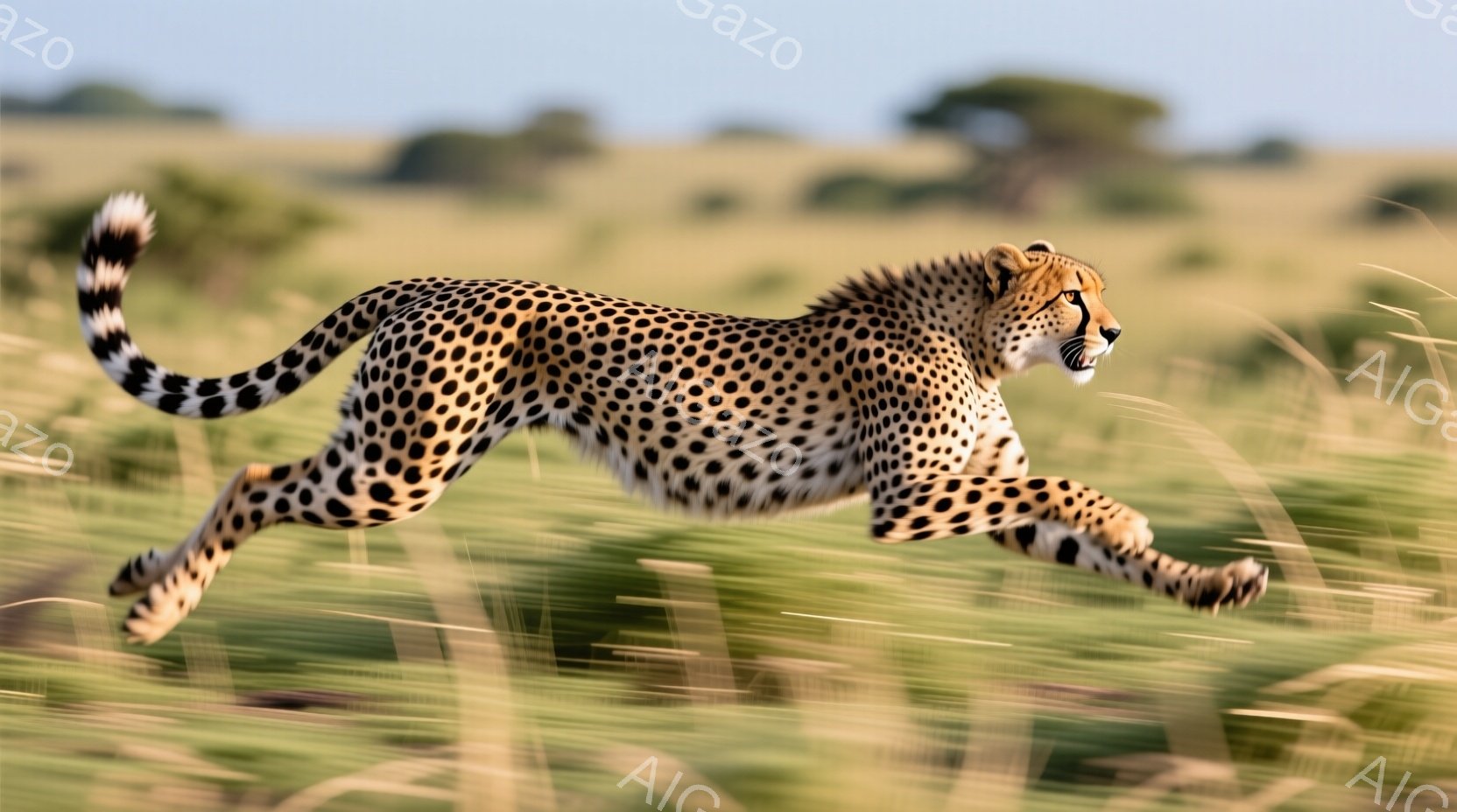 広大なサバンナをチーターが猛スピードで駆け抜けている様子が捉えられています。緑色の草が風になびき、チーターの滑らかな毛並みと筋肉質な肢が、その俊敏さを際立たせています。背景にはぼんやりと木々が見え、晴れた空の下、野生の生命力溢れる雰囲気が感じられます。