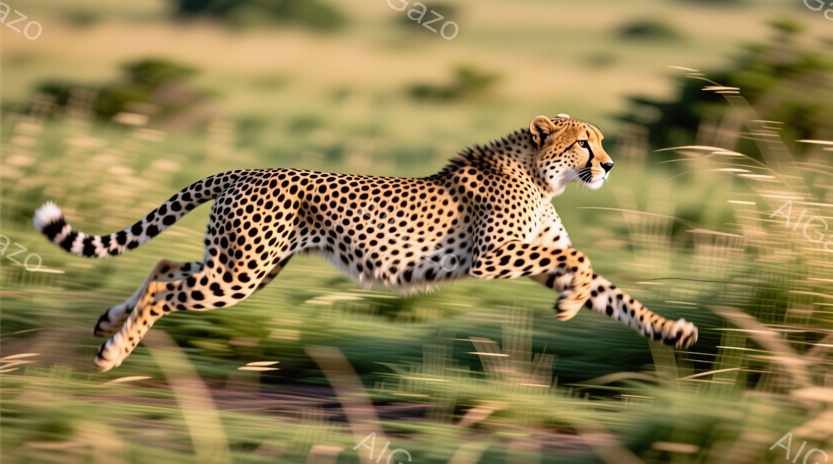 鮮やかな緑の草原をチーターが疾走している姿が捉えられています。体には特徴的な黒い斑点がびっしりとあり、力強い筋肉と流れるようなシルエットが躍動感を強調しています。背景にはぼやけた緑色の草が生い茂り、チーターのスピード感を際立たせています。