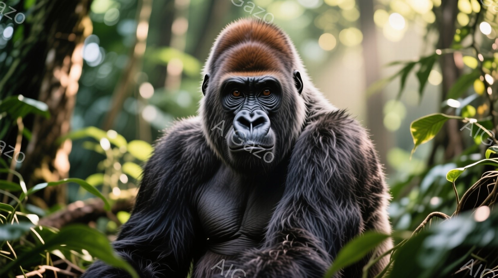 鬱蒼とした緑の葉に囲まれた巨大なゴリラが写っている。ゴリラは正面を向き、強い眼差しでカメラを見つめており、筋肉質な体格と暗褐色の毛並みが特徴的だ。背景は深い緑色で、熱帯雨林のような自然環境を連想させ、ゴリラの威厳と神秘的な雰囲気を強調している。