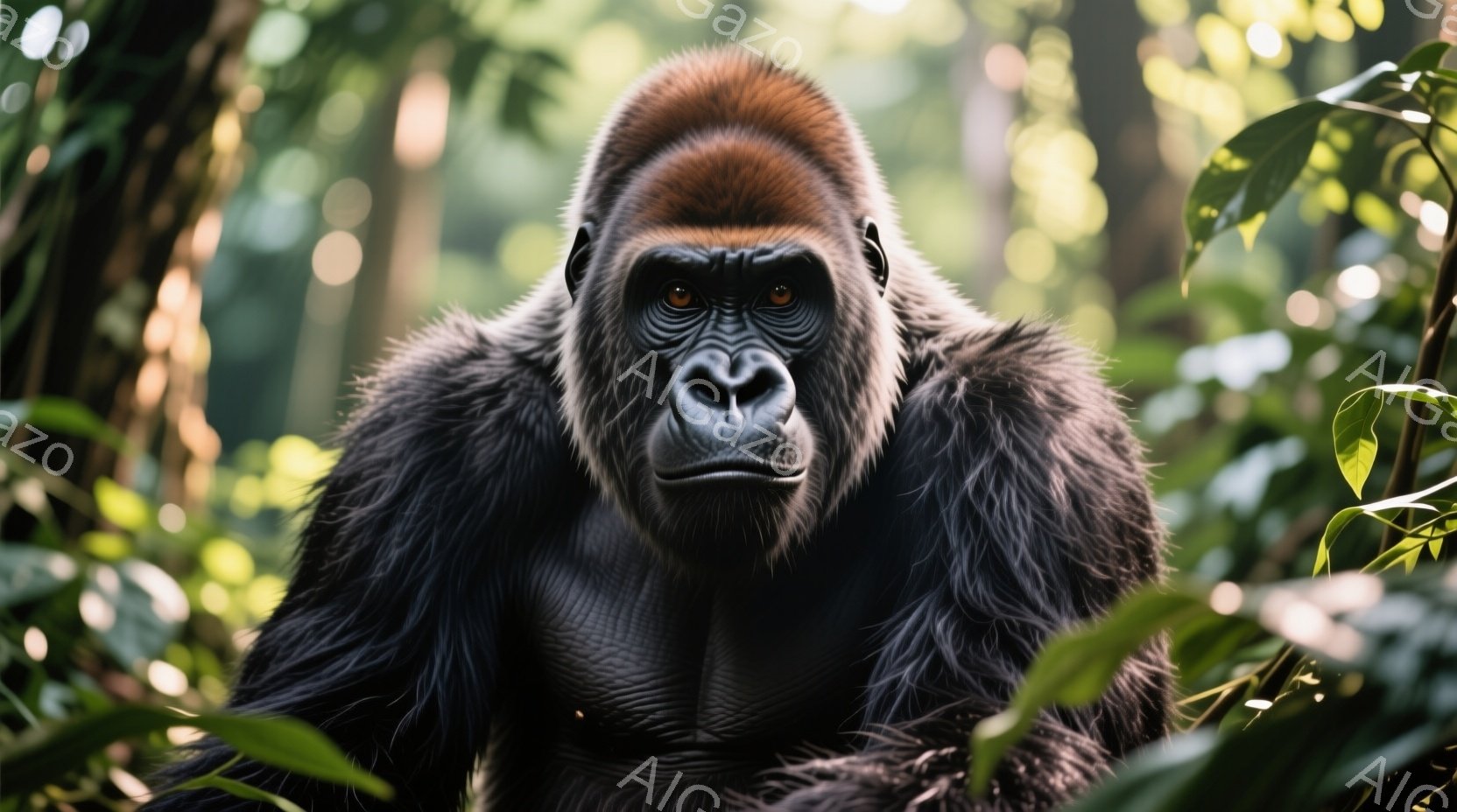 黒い毛並みを持つゴリラが、緑豊かな葉に囲まれ、正面を見据えている。その表情は厳粛で、力強い顎と鋭い眼光が印象的だ。背景にはぼやけた緑の葉が広がり、自然の中で生きるゴリラの存在感を際立たせている。 - AI生成フリー素材