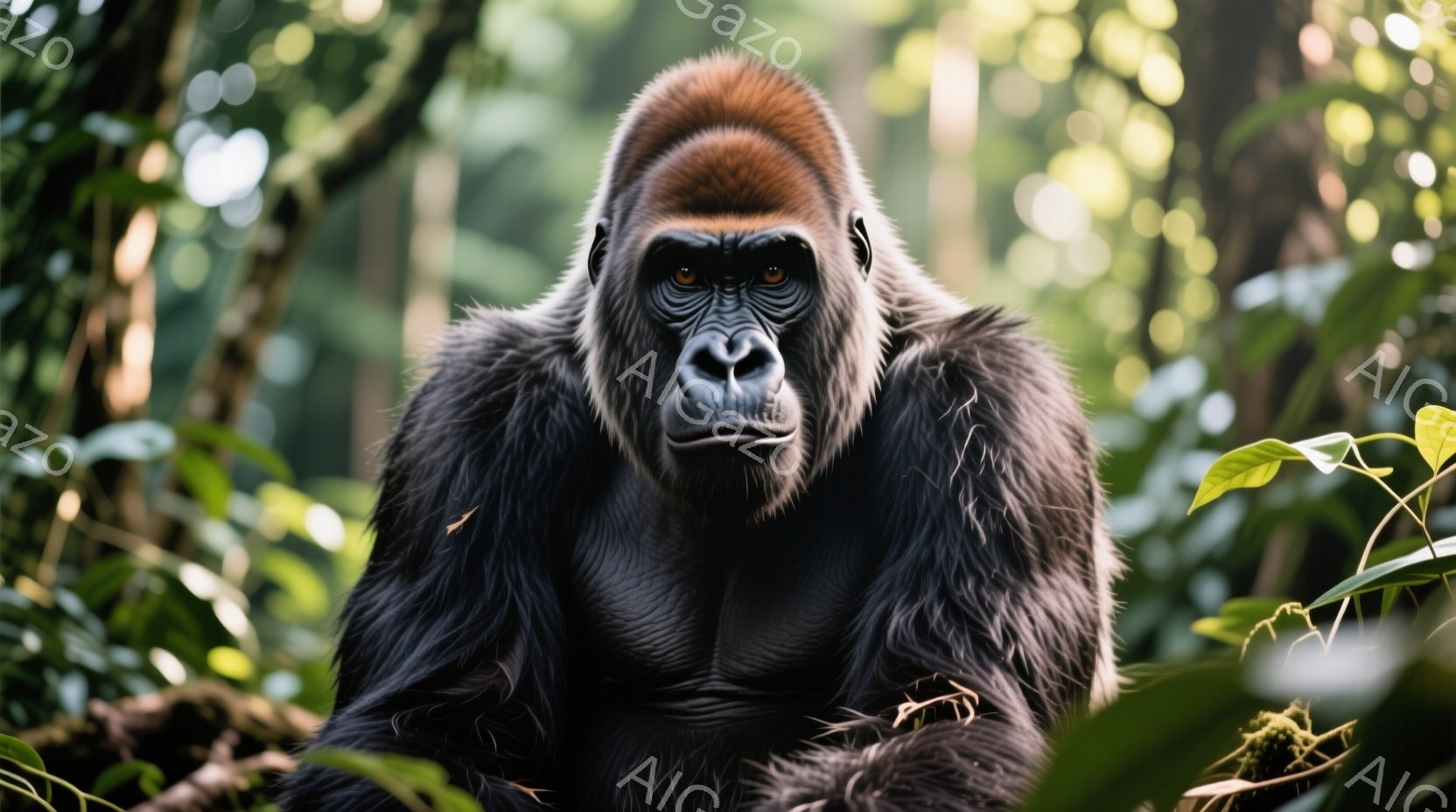 巨大なオスゴリラが、緑豊かな植物に囲まれて正面を向いています。その表情は厳かで、力強い眼差しは見るものを捉え、威厳に満ちています。背景は深い緑のジャングルで、光が差し込み、自然の神秘的な雰囲気を醸し出しています。