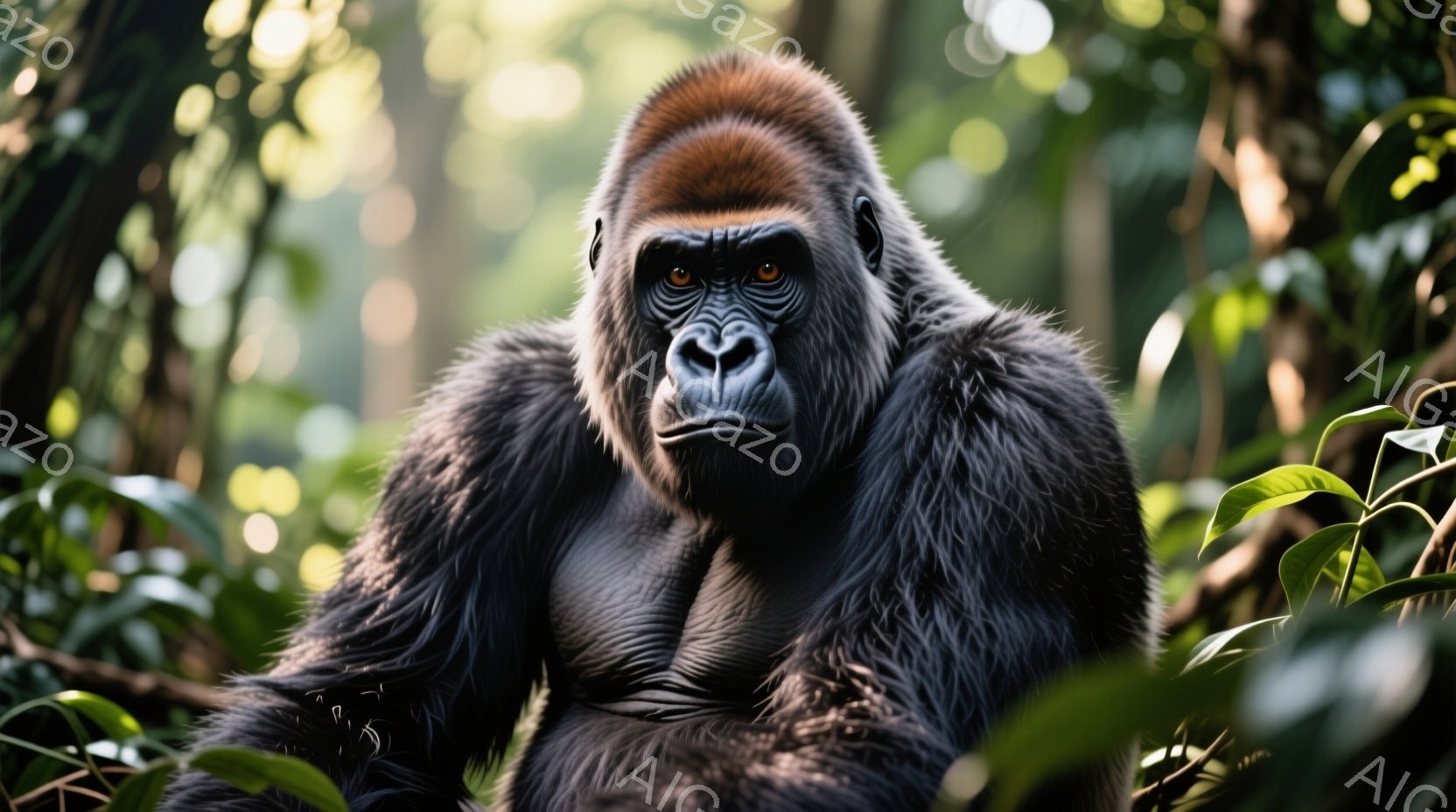 鬱蒼とした緑の葉に囲まれた、堂々としたゴリラの姿が写っている。ゴリラは正面を向き、鋭い眼光でカメラを見つめ、威厳に満ちた表情をしている。背景は深い緑で、熱帯雨林の奥深さを感じさせる。 - AI生成フリー素材