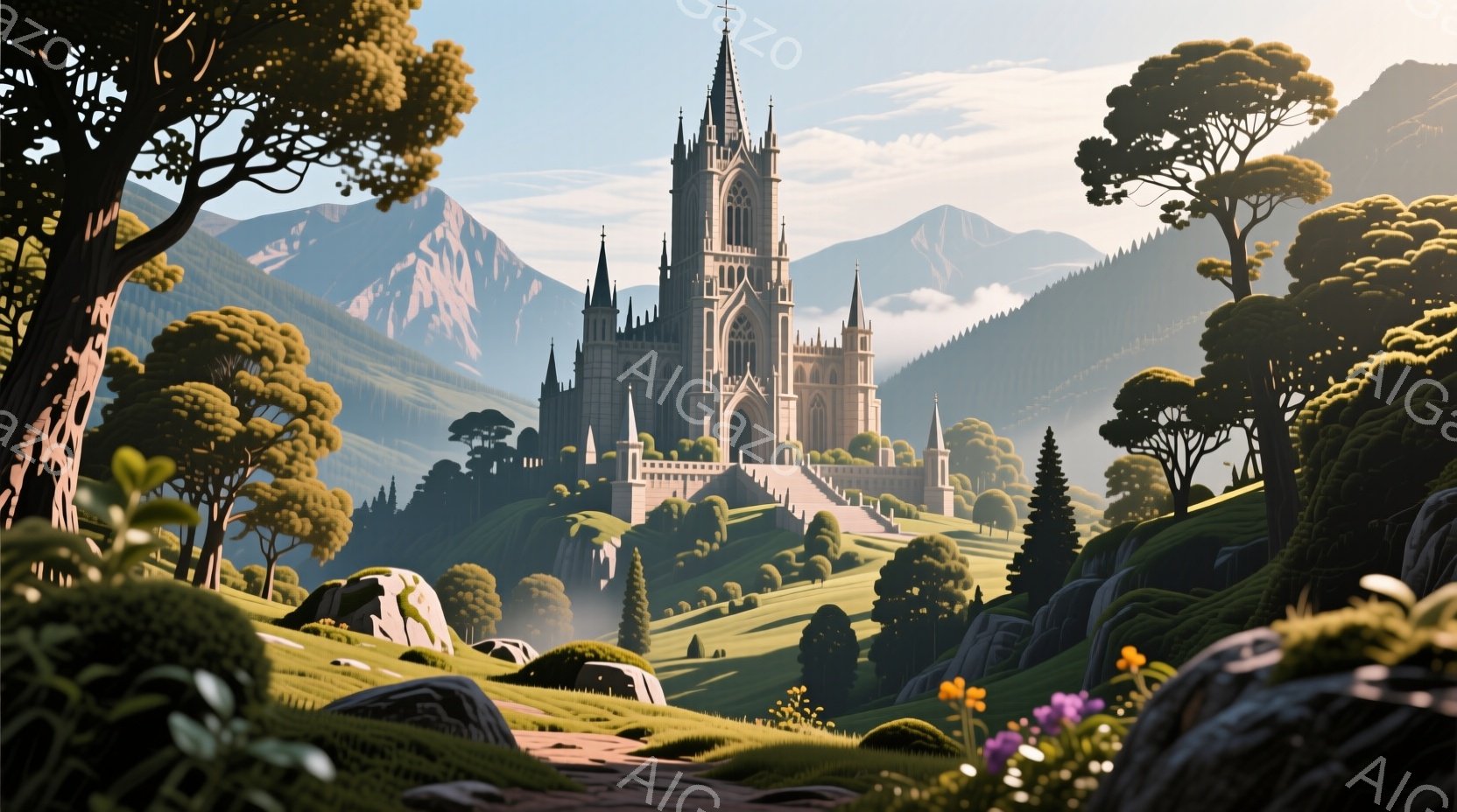 遠くの丘の上に壮大なゴシック様式の城塞がそびえ立っており、多くの尖塔が空に向かって伸びています。周囲は緑豊かな丘陵地帯と鬱蒼とした森林で囲まれ、柔らかな光が降り注ぎ、穏やかで神秘的な雰囲気を醸し出して - AI生成フリー素材