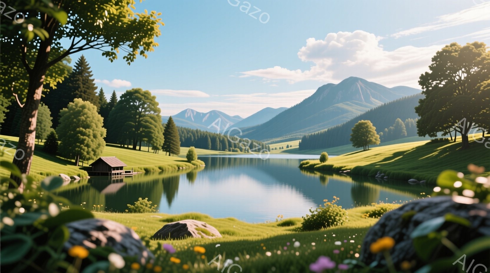 静かな湖が、緑豊かな丘と山々に囲まれており、湖面には周囲の景色が美しく映り込んでいる。湖畔には可愛らしい木造の小屋が建っており、周囲には色とりどりの花が咲き乱れ、穏やかで平和な雰囲気を醸し出している。 - AI生成フリー素材