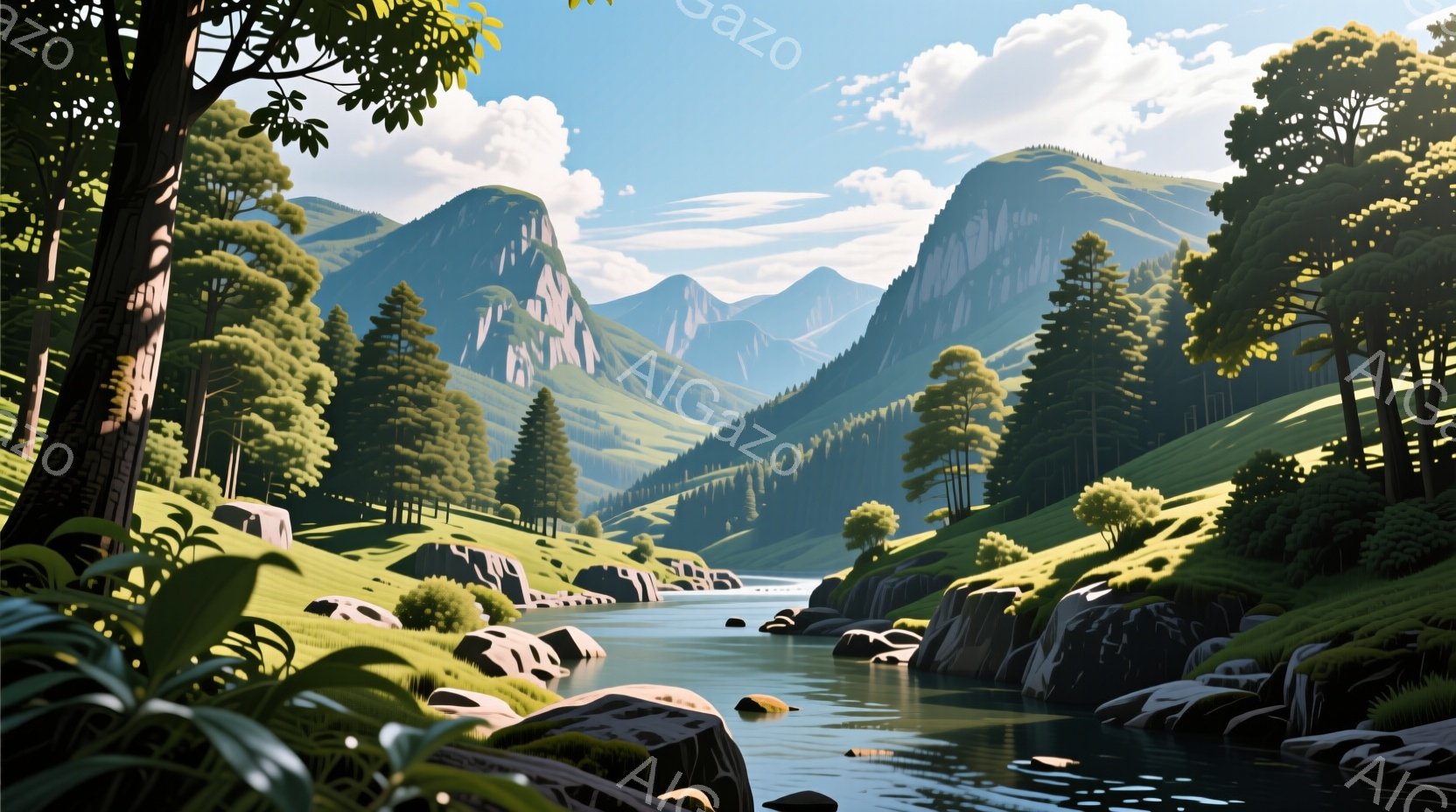 緑豊かな山々に囲まれた渓流を描いています。水面は穏やかで、岩や丸い石が点在し、両岸には緑の植物が生い茂っています。空には白い雲が浮かび、全体的に穏やかで平和な雰囲気を醸し出しています。 - AI生成フリー素材