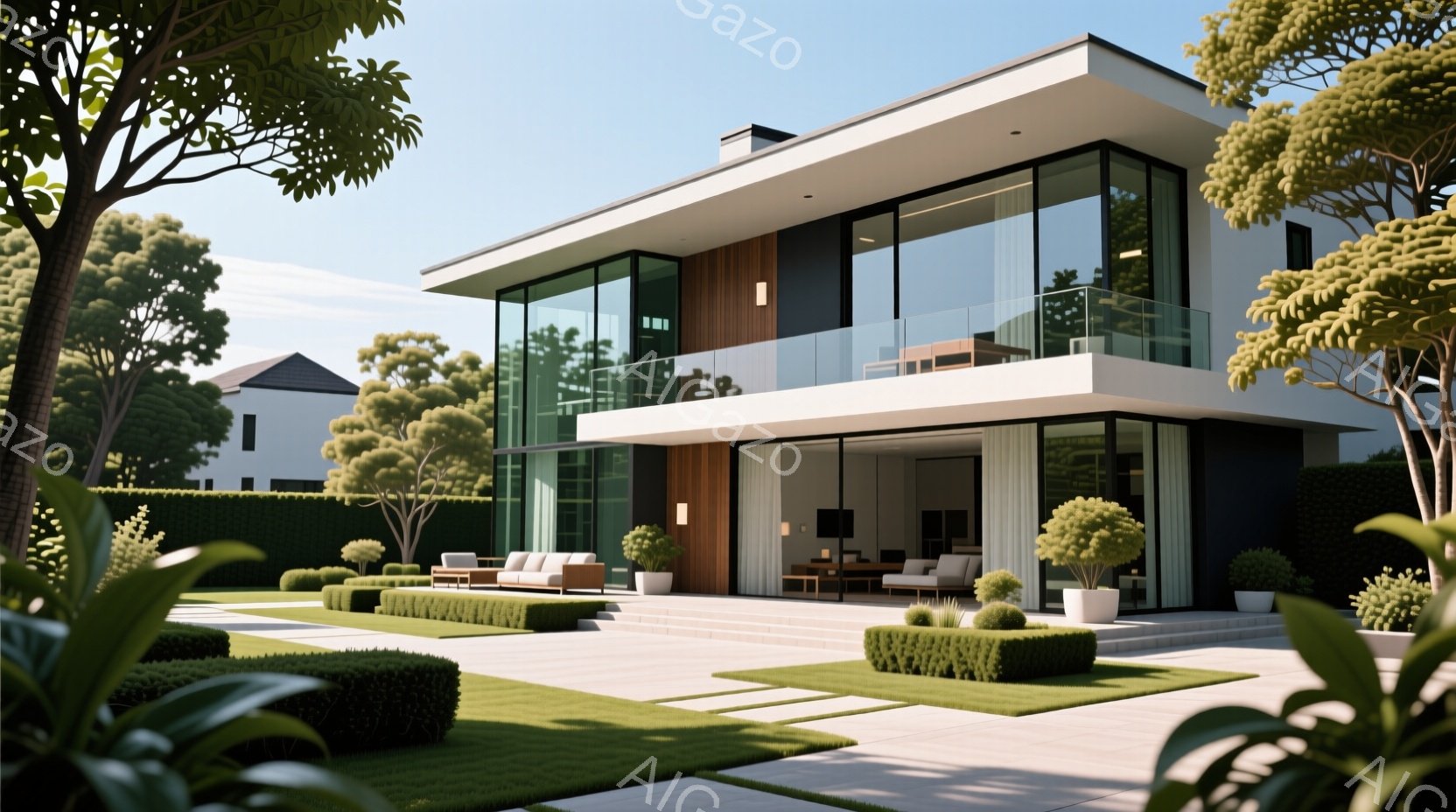 白を基調としたモダンな邸宅が、整然と手入れされた芝生と緑で囲まれています。大きなガラス窓と木製のアクセントが印象的で、屋上にはバルコニーがあります。背景には、他の住宅や緑豊かな木々が見え、晴れた日の穏 - AI生成フリー素材