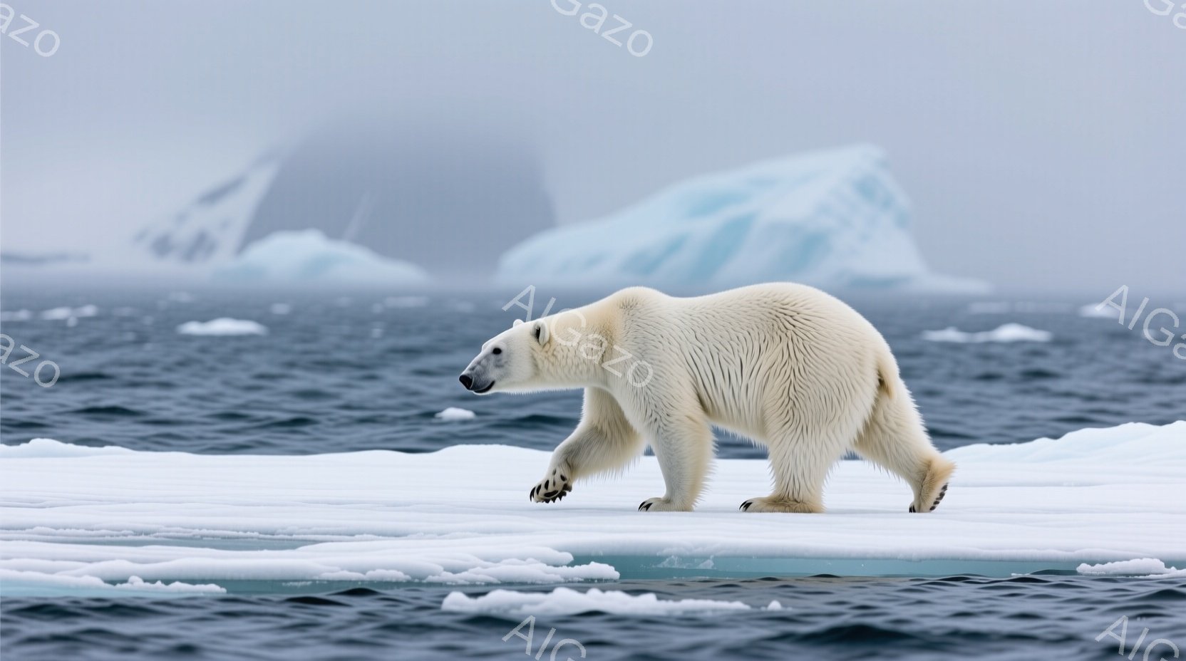 白いホッキョクグマが氷のフローの上を歩いている様子が写っている。背景には、深い青色の海と、遠くに見える氷山が広がっており、全体的に寒く厳しい北極の雰囲気を醸し出している。グマは力強く、堂々とした姿勢で - AI生成フリー素材