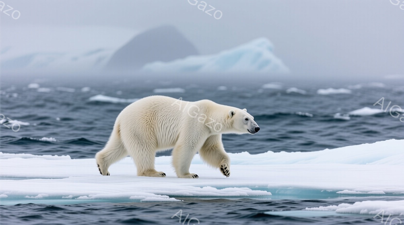 白い北極熊が氷の上を歩いている様子が捉えられています。背景には濃い青色の海と、遠くに見える氷山が霞んでおり、全体的に寒々とした冬の風景が広がっています。北極熊は力強く堂々とした姿勢で、厳しい環境を生き抜く姿を印象づけています。