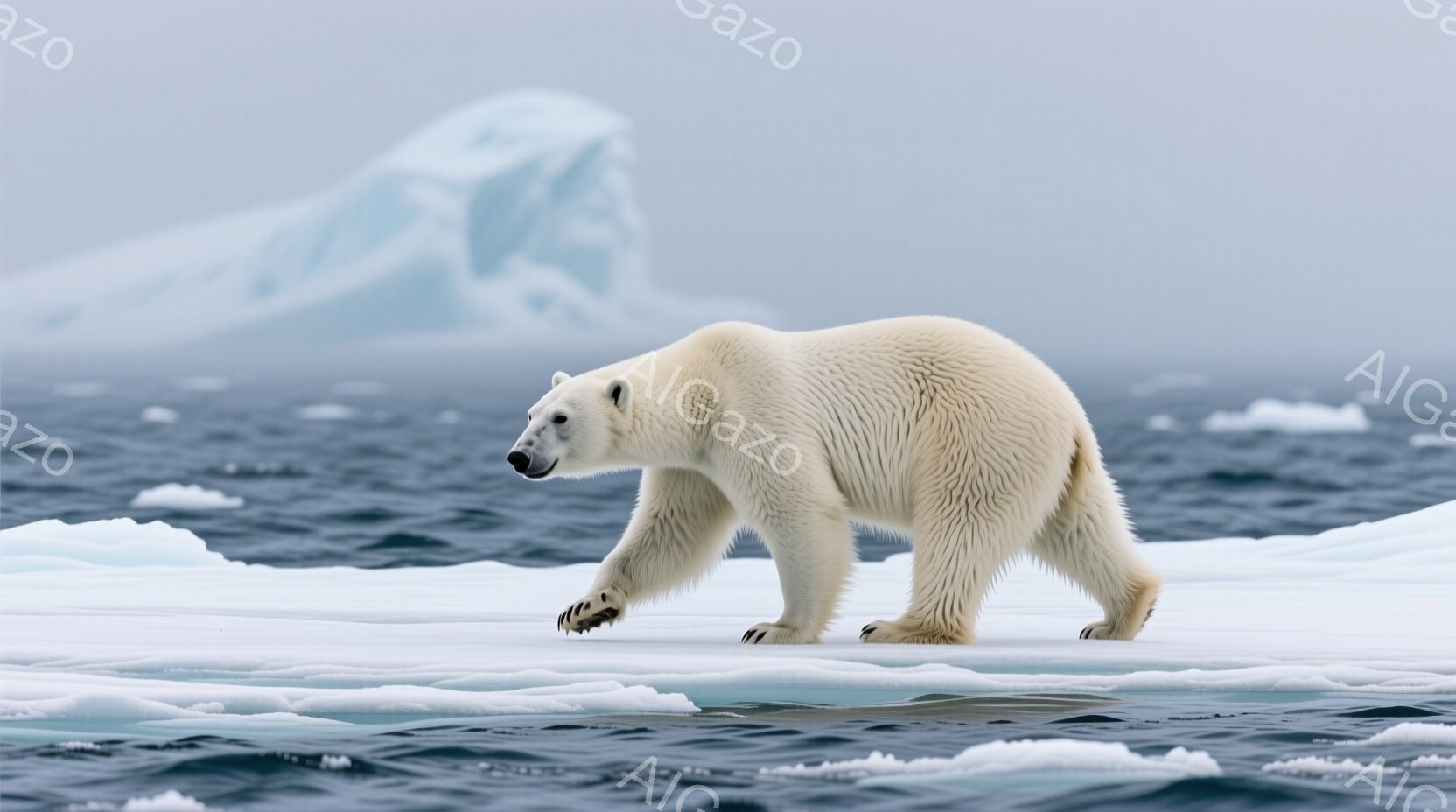 白く広い氷の上に、ホッキョクグマが歩いています。その姿は力強く、鋭い爪が氷に食い込んでいる様子がわかります。背景には、暗い海と、ぼんやりとした氷山が広がっており、厳しい自然環境を感じさせます。