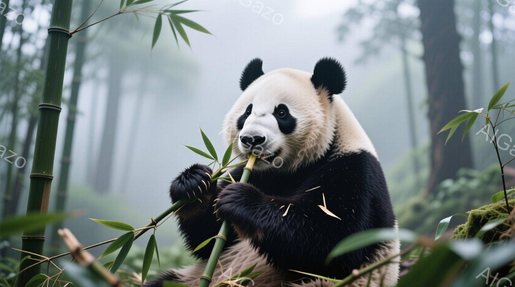 黒と白のパンダが竹を美味しそうに食べている姿が捉えられています。パンダは竹の束を両手で抱え、集中した表情で葉をかじっています。背景は霧に包まれた竹林で、緑と白のコントラストが幻想的な雰囲気を醸し出して - AI生成フリー素材