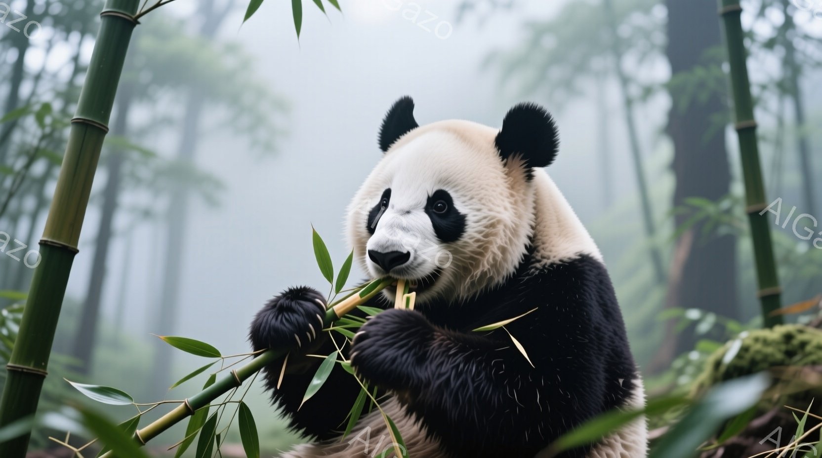 黒と白のパンダが、緑色の竹の茎を両手で抱え、美味しそうに食べている様子が捉えられています。背景は霧に包まれた竹林で、緑豊かな自然が広がっています。全体的に穏やかで静寂な雰囲気が漂い、パンダが竹を食べる - AI生成フリー素材