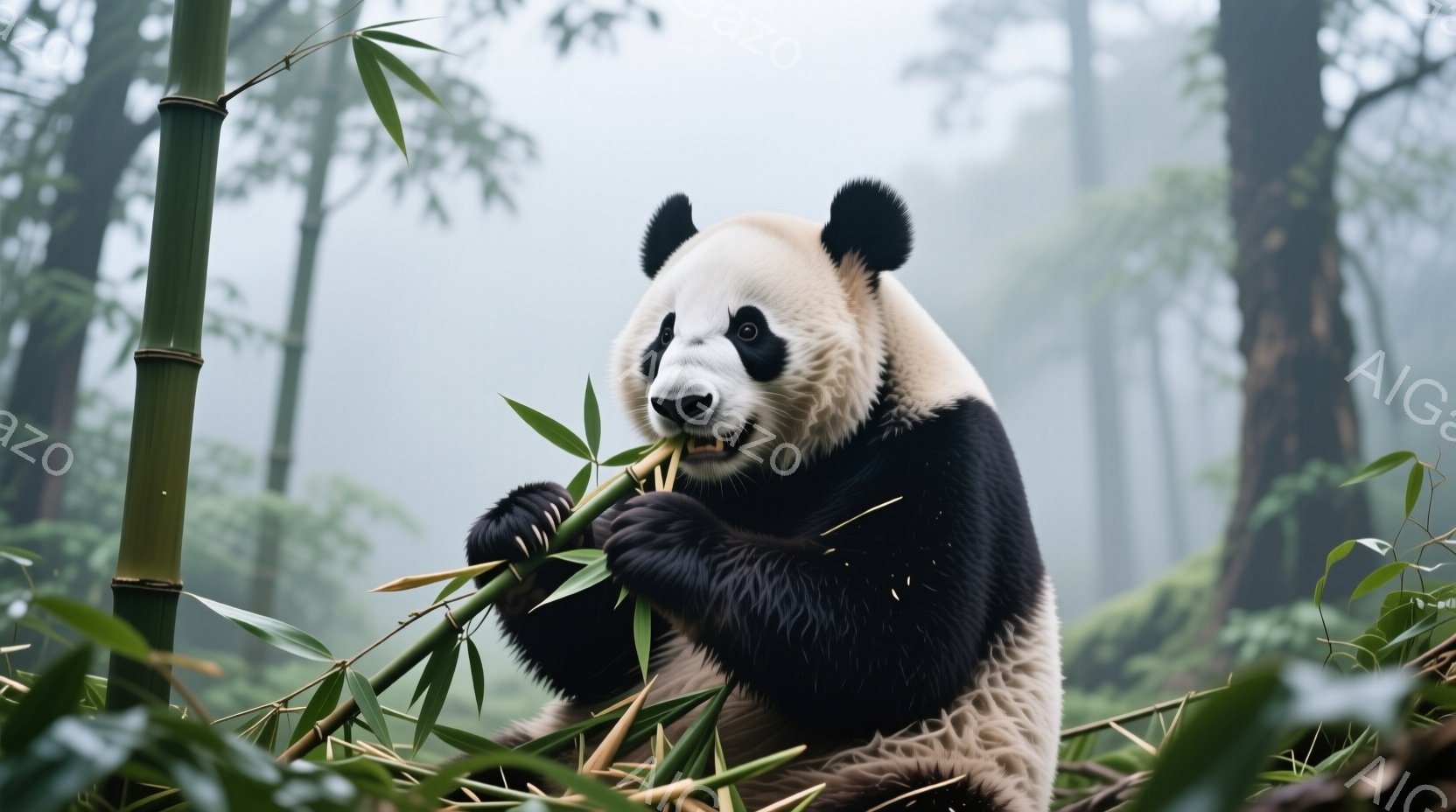 巨大なパンダが緑豊かな竹の葉を両手で抱え、美味しそうに食べている姿が捉えられています。背景は霧に包まれた竹林で、薄暗く幻想的な雰囲気を作り出しています。パンダの毛並みは黒と白のコントラストが鮮やかで、 - AI生成フリー素材