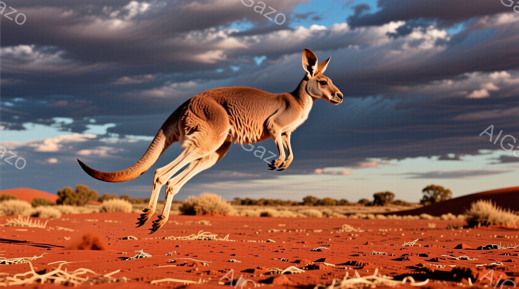 広大な赤い砂漠地帯を、一匹のカンガルーが飛び跳ねている様子が捉えられています。背景には、起伏のある砂丘と、低い灌木が生い茂る乾燥した風景が広がり、夕暮れ時の空にはドラマチックな雲が広がっています。カン - AI生成フリー素材