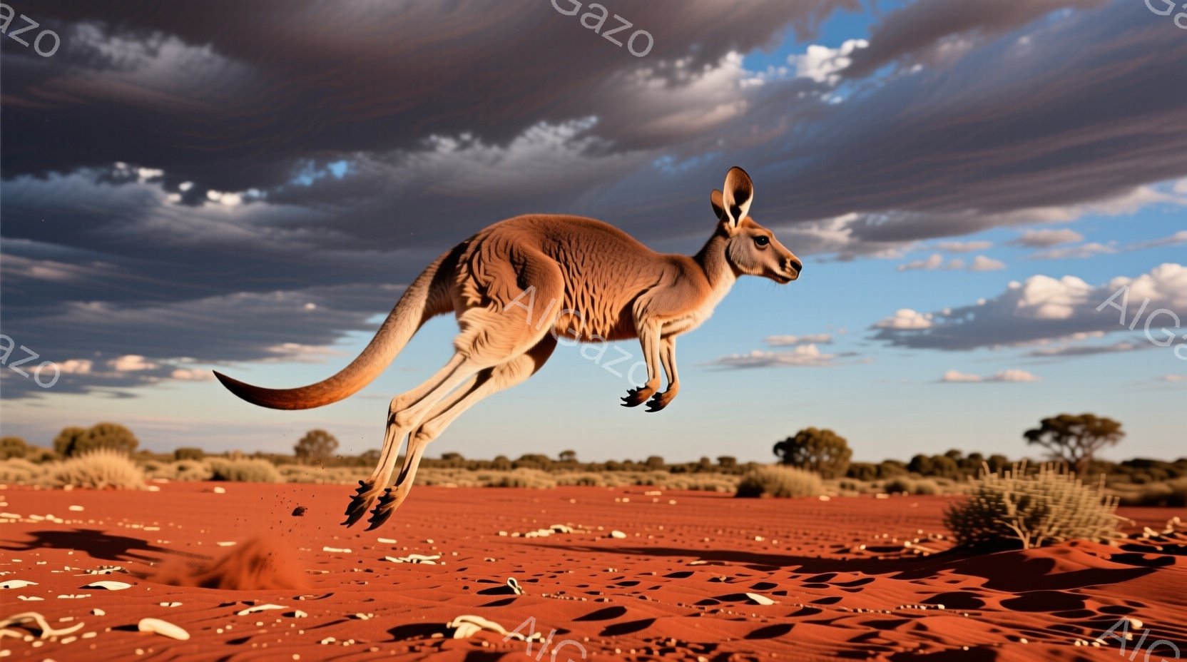 広大な赤い砂漠を、一匹のカンガルーが大きくジャンプしている様子が捉えられています。空には厚い雲が広がり、夕焼けのようなオレンジ色の光が砂漠を照らしています。遠景にはまばらに木々が見え、乾燥した大地と空 - AI生成フリー素材