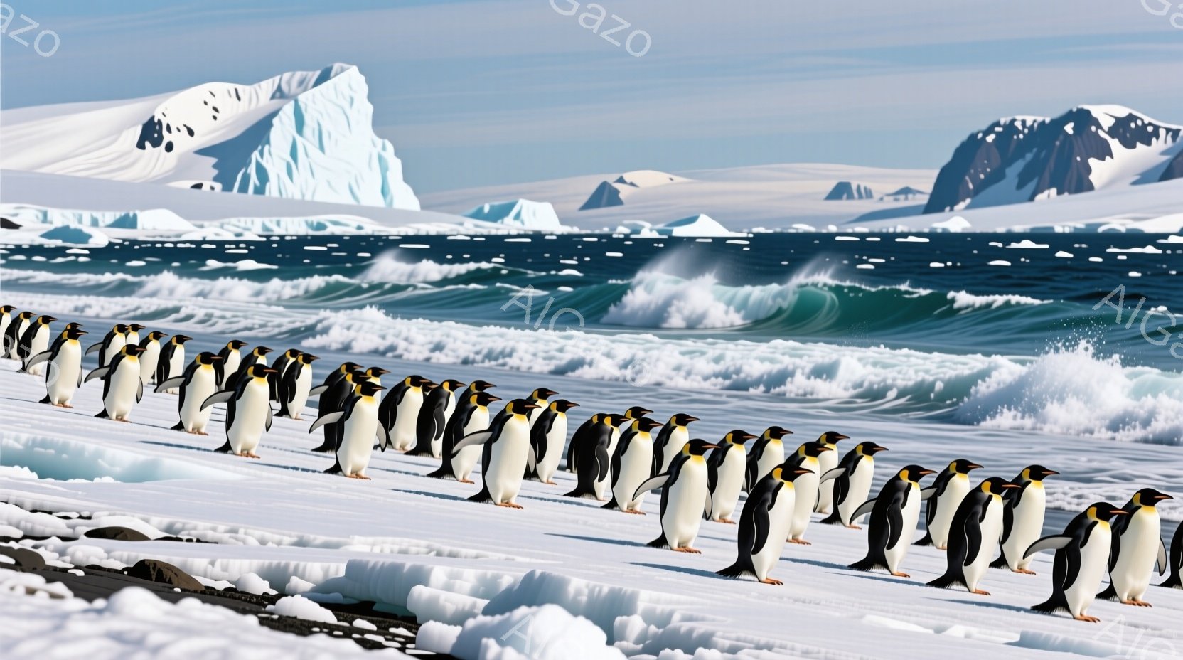 南極の氷原を整列して歩くペンギンの群れが写っています。背景には、青い海と氷山が連なり、白い雪と氷が広がっています。全体的に、極寒の厳しい自然環境の中で生きるペンギンの生命力と、雄大な自然の風景が印象的な写真です。