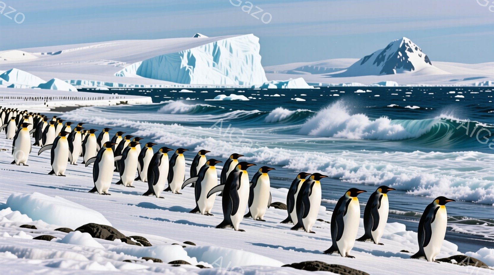 岩が点在する雪原に、多数のペンギンが整然と一列に並んでいます。背景には、青い海と砕けた氷が広がり、遠くには氷山がそびえ立っています。全体的に、静かで冷たい南極の風景が広がっており、ペンギンたちの落ち着 - AI生成フリー素材