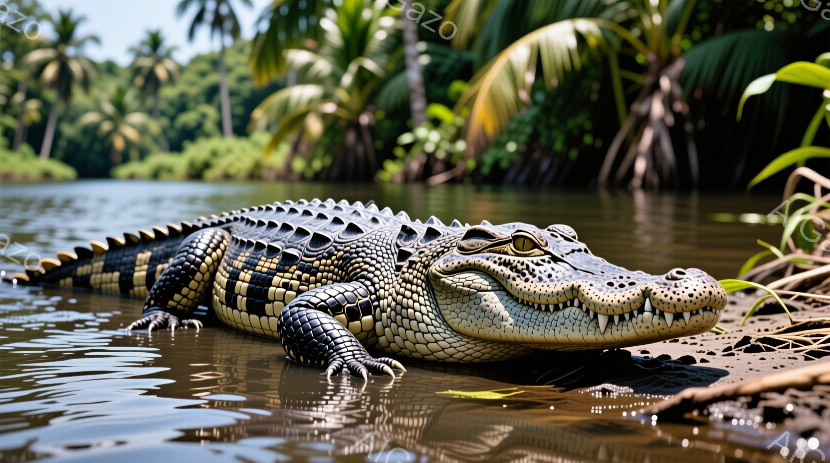 巨大なワニが水中に横たわっており、鋭い歯と力強い顎が際立っている。周囲は緑豊かな植物に覆われ、水面には光が反射してキラキラと輝いている。 全体的に、自然の力強さとワニの威厳が感じられる、静かで落ち着いた雰囲気の画像である。