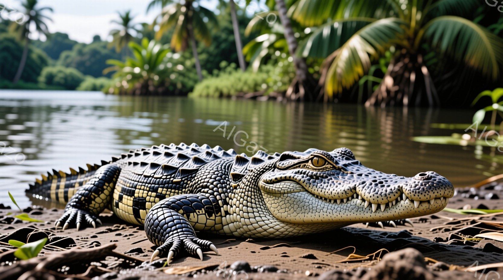 広大な川の土手で、大きなワニが横たわっています。その体は暗緑色とクリーム色の鱗で覆われ、鋭い歯が覗いています。背景には緑豊かな熱帯の植物が茂り、穏やかな日差しが降り注いでいます。