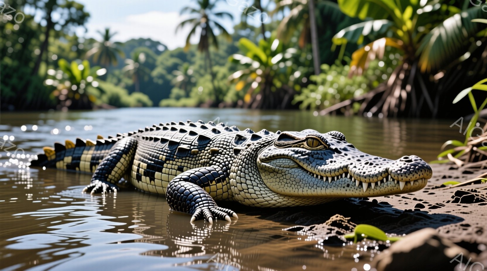 一匹のワニが浅い水の中に横たわっている様子が写っている。ワニは暗灰色の鱗で覆われ、鋭い歯がわずかに覗いている。背景には緑豊かな熱帯の植物が密集しており、水面には光が反射し、全体的に静かで原始的な雰囲気を醸し出している。