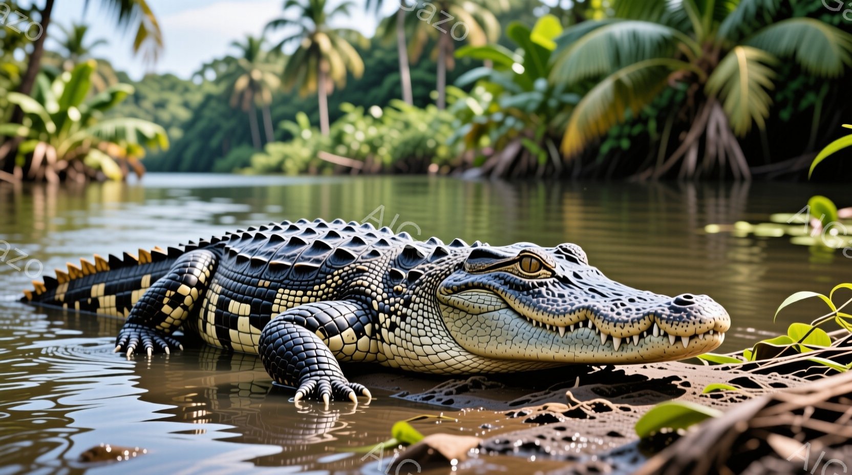 ワニが浅い水中に横たわっており、水面には波紋が広がっている。その体は暗灰色の鱗で覆われ、日差しを浴びて光っている。背景には緑豊かな植物が生い茂る熱帯の風景が広がり、穏やかな雰囲気が漂っている。