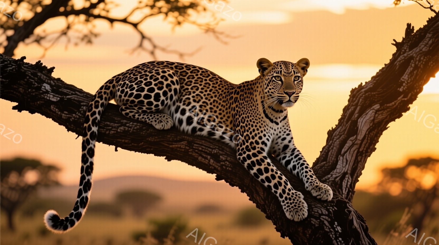 ヒョウが太い木の枝に悠々と横たわっており、その斑模様の毛皮が鮮やかに映える。背景は夕焼けに染まり、サバンナの遠景がぼんやりと見え、暖かく穏やかな雰囲気を醸し出している。ヒョウは鋭い眼差しで何かを見つめ、堂々とした姿は自然の王者の風格を感じさせる。