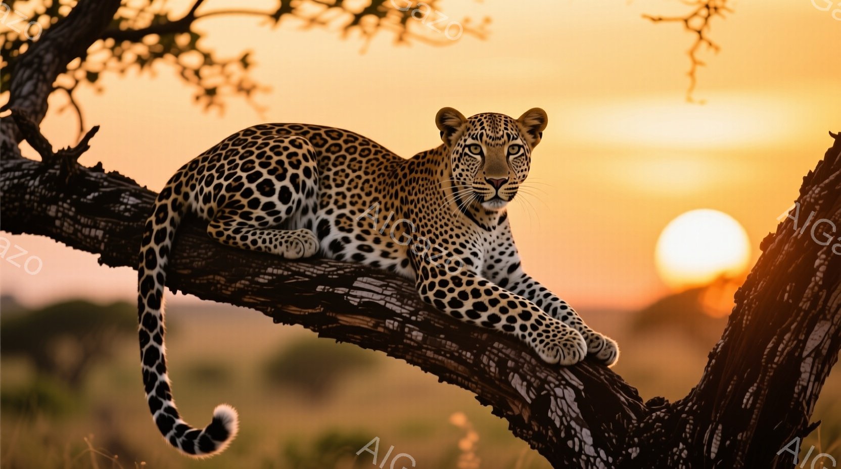 鮮やかな夕焼けを背景に、ヒョウが太い木の枝に優雅にくつろいでいる。その毛皮は特徴的な斑点で覆われ、鮮やかなオレンジ色の夕日に照らされている。遠くにはぼやけた平原が広がり、穏やかで野生的な雰囲気を醸し出している。
