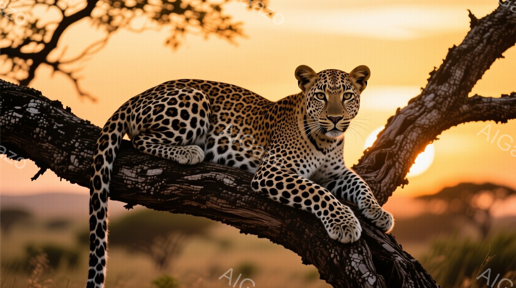 鮮やかな夕焼けを背景に、ヒョウが太い木の枝に優雅に横たわっている。その毛並みは特徴的な斑模様で、鋭い眼差しは正面を見据えている。遠くには草原が広がり、夕日の暖かさとヒョウの野生的な雰囲気が調和した、荘厳な光景が広がっている。