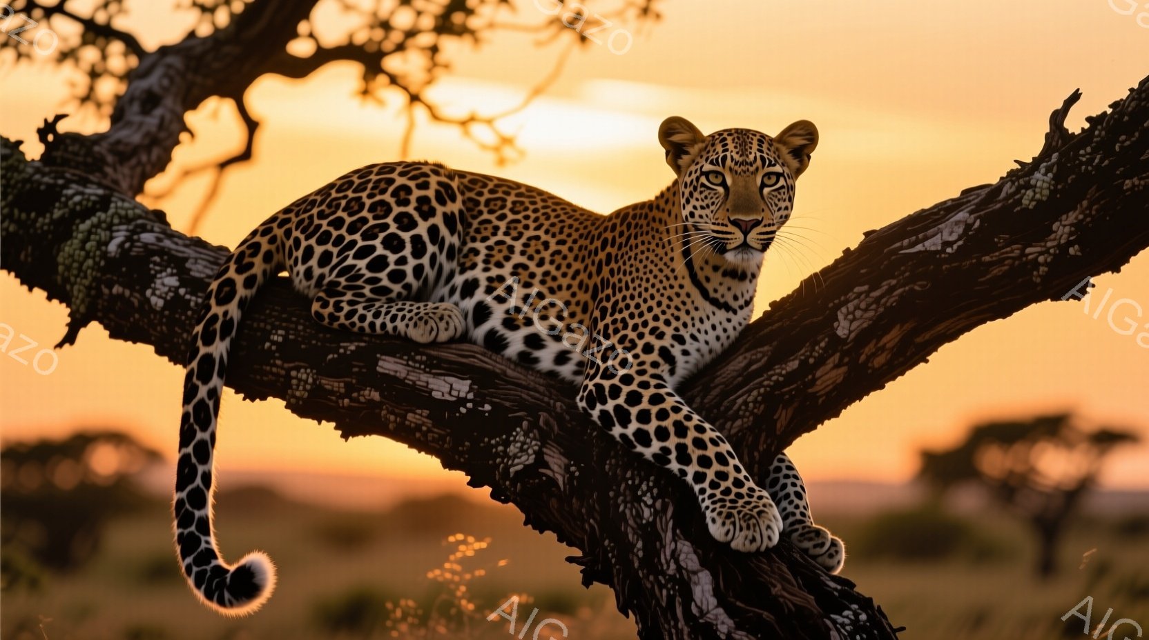 鮮やかなオレンジ色の夕焼けを背景に、一匹のヒョウが太い木の枝に横たわっている。その毛並みは特徴的な斑点で覆われ、鋭い眼差しはカメラの方を捉えている。周囲には乾燥した草原が広がり、ヒョウのゆったりとした姿勢と夕焼けが、野生の静寂と力強さを感じさせる。